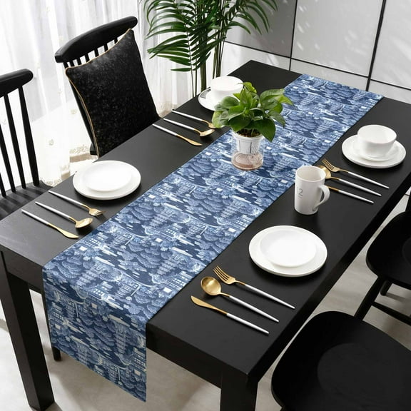 Navy Blue Garden Cotton Linen Long Table Runner 13 x 108 inch Modern Art Building Trees Landscape Non-slip Rectangular Dining Table Decor for Wedding Party Holiday Dinner