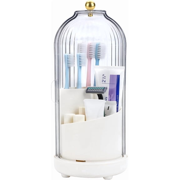 Toothbrush Organizer with Cover, 3-Slot Rotating Toothbrush Holder, Dustproof Bathroom Counter Organizer, Makeup Brush Holder for Vanity Storage