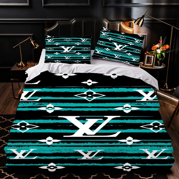 Luxurious 3-Piece Duvet Cover Set - Bold Black & Teal Design with Large White & Floral Motifs - Elegant Bedding for Modern Bedrooms