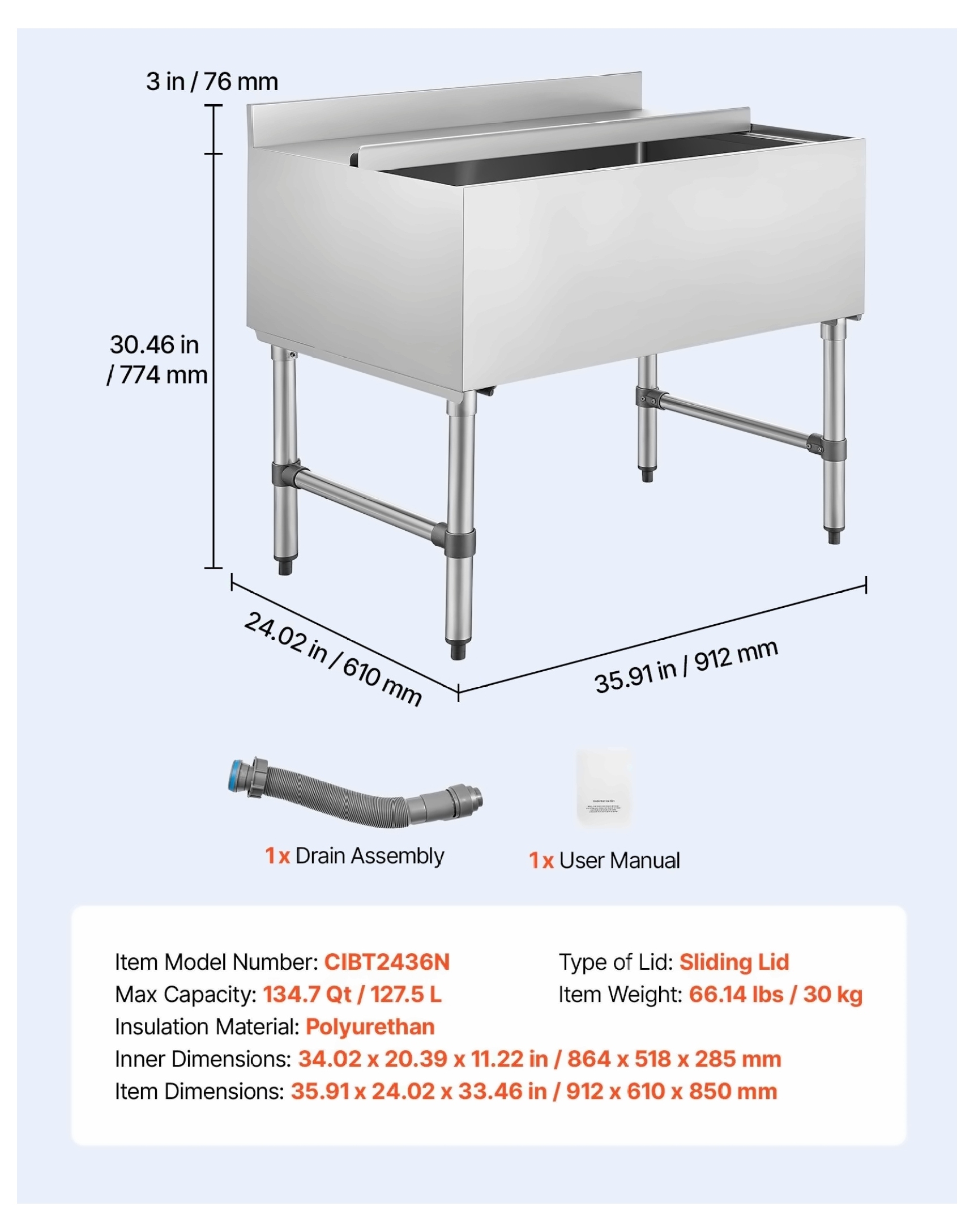 Cuba de hielo comercial de 134.7 L, hielera de acero inoxidable, 91x61x84 cm, tapa corrediza, aislamiento de 24 h, enfriadora para bar, certificada NSF 7