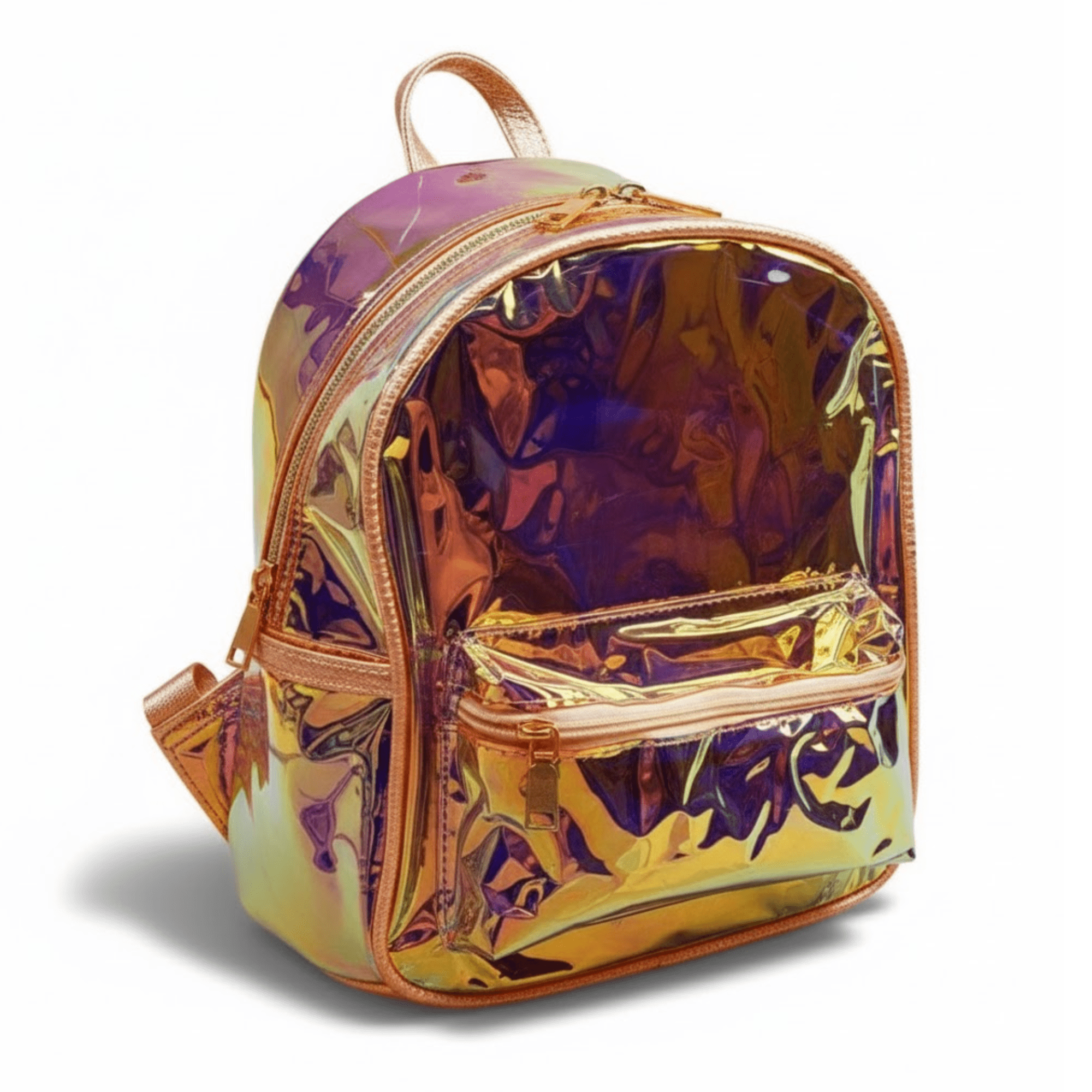Clear Above Iridescent Mini Backpack with Purse – Holographic Shoulder Daypack for Travel, Concerts, Festivals & Everyday Fashion (Bronze Trim)