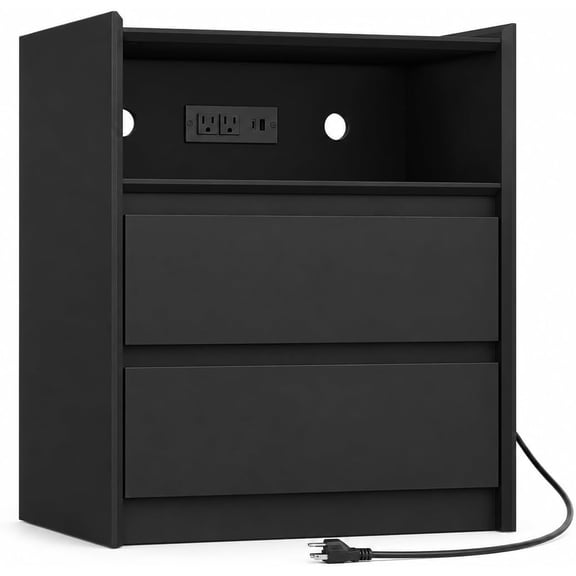 YAURA Black Nightstand with Charging Station, 24" Modern Wood Bedside Table with 2 Drawers, USB-C/USB-A & 2 AC Outlets, Tray Top End Table for Bedroom, Living Room & Dorm, 1 or 2 Pack