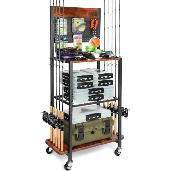 Fishing Rod Holders for Garage Fishing Pole Holders Fishing Rack with Pegboard Hooks on wheels Fishing Pole Organizer