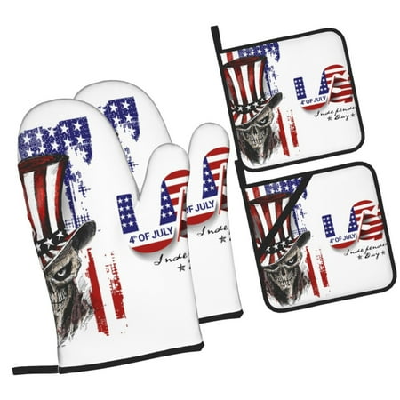 

Daiia Patriotic Skull Art Pattern Oven Mitts and Pot Holders 4 pcs Set High Heat Resistant 500 Degree Extra Thicken Long Kitchen Cotton Oven Glove