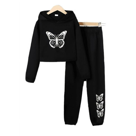 Mikrdoo Butterfly Print Pullover Hoodie & Elastic Pants (Big Girls), 2-Piece Set, Sizes 8Y-11-12Y