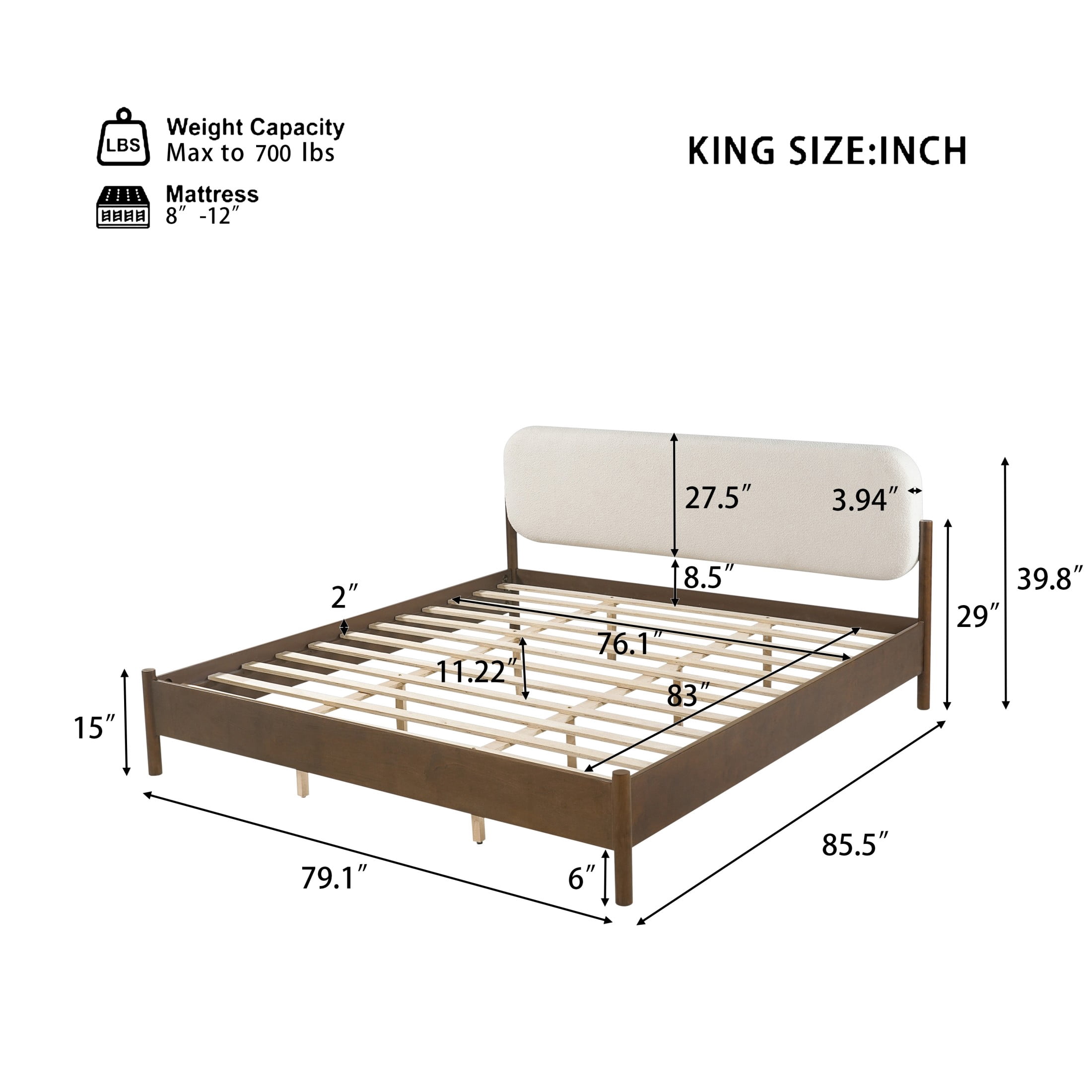Christopher Knight Home Modern King Platform Bed Frame, Thick Rounded Upholstered Headboard, Walnut