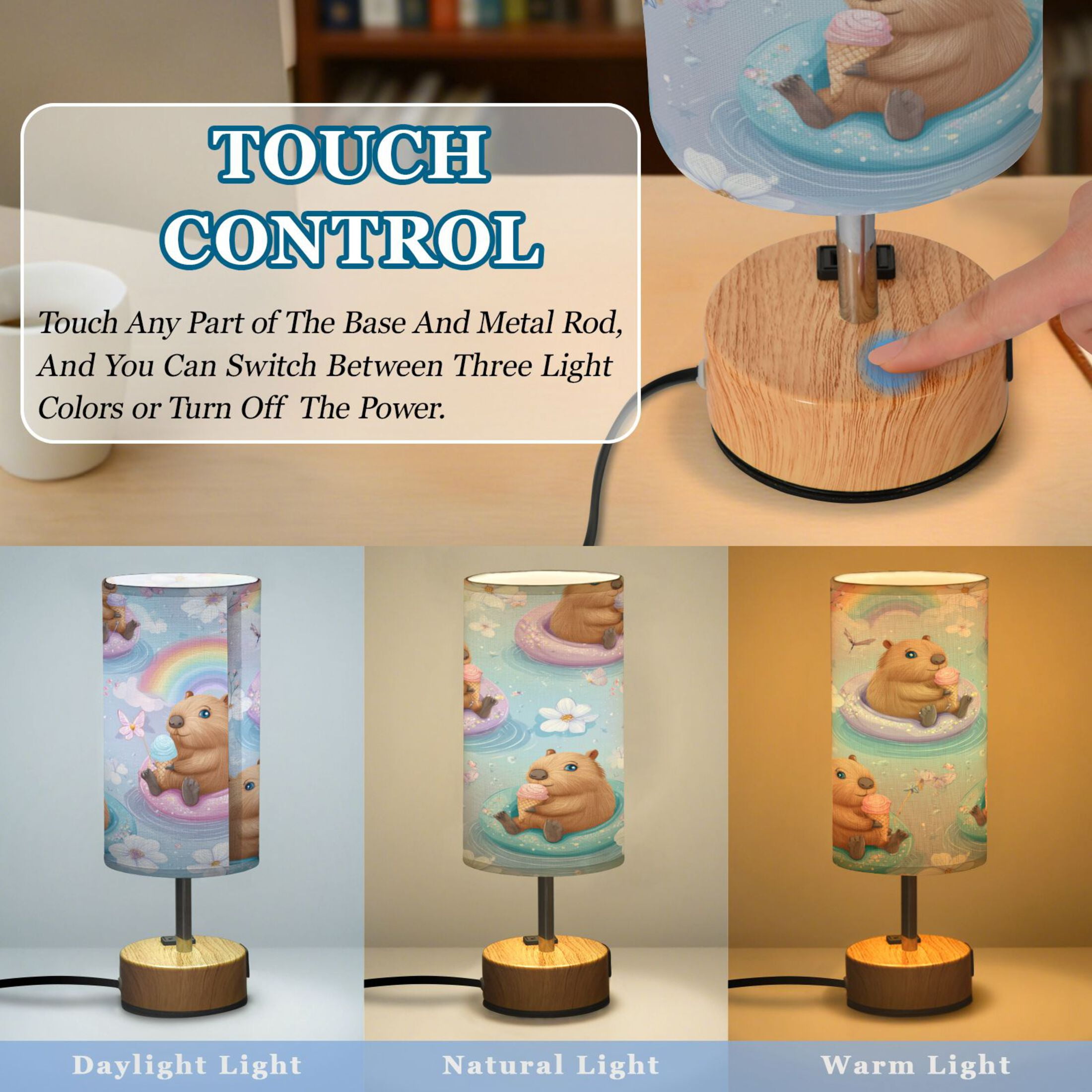 Touch-Control 3-Color Desk Lamp with Plug – Energy-Saving LED + 3 Simultaneous Charging Ports Capybaras Eating Ice Cream