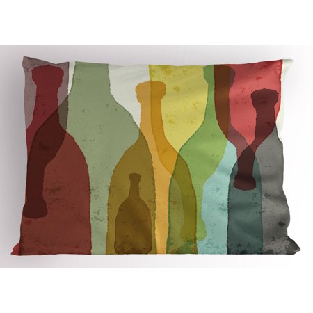 Wine Pillow Sham Abstract Composition with Watercolor Silhouettes Bottles of Wine Whiskey Tequila Vodka, Decorative Standard Queen Size Printed Pillowcase, 30 X 20 Inches, Multicolor, by