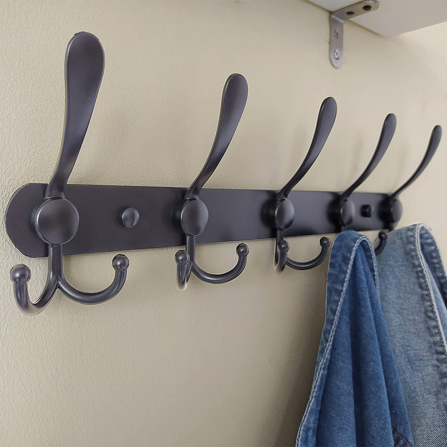 Dseap Wall Mounted Coat Rack: 16 Hole to Hole, Coat Hook Hanger with 5  Metal Hooks for Hanging Coats Towels Hats Clothes,Light Walnult