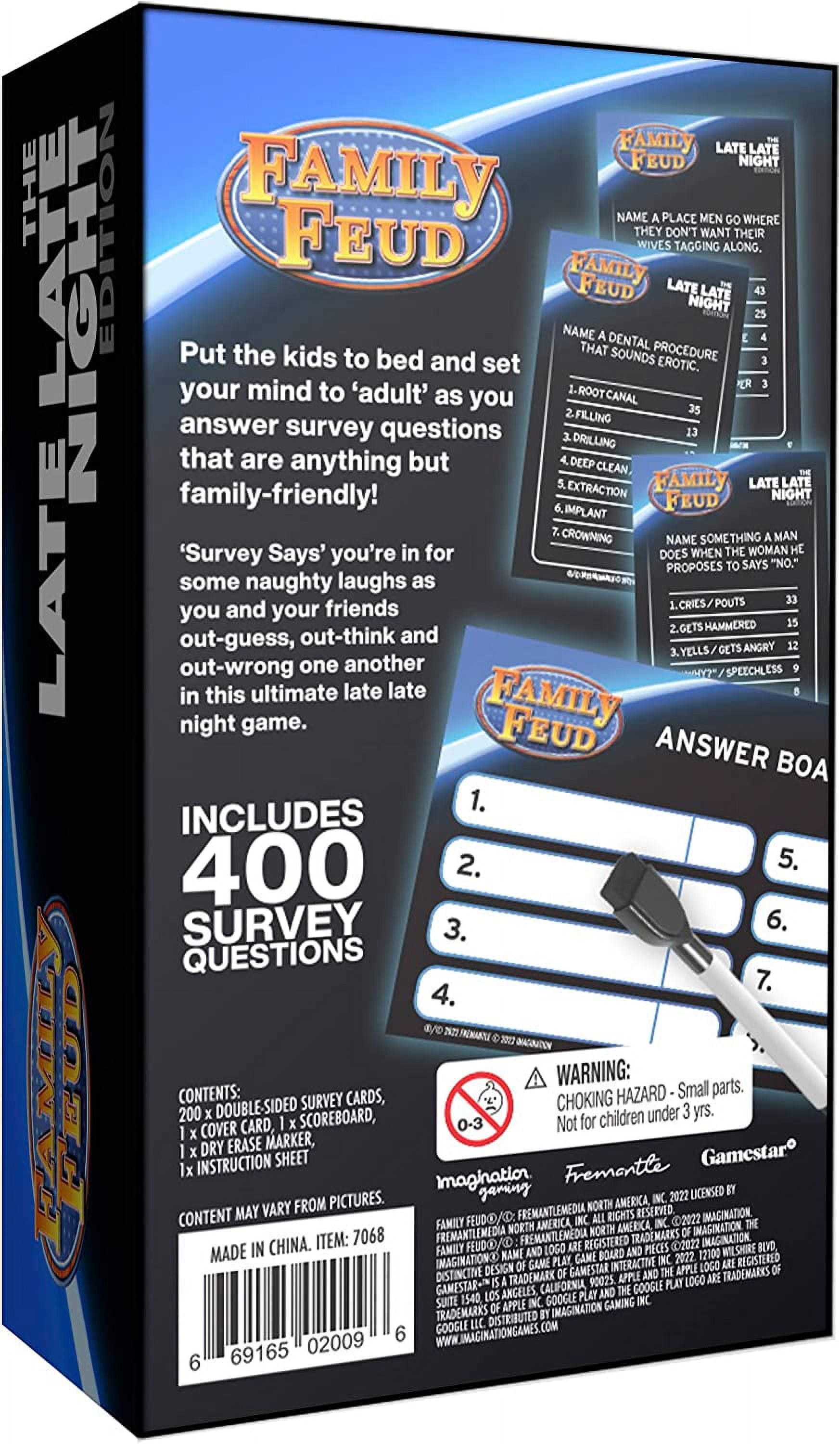 Family FEUD Late Late Night Edition Card Game, Anything but  Family-Friendly, 400 Naughty Survey Questions, Complementary App with Sound  Effects from The Show - Walmart.com