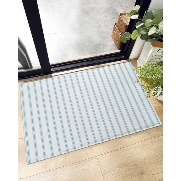 Shag Bath Rugs Ocean Blue Stripes Seamless Ticking Stripe Plush Soft Fluffy Doormat Floor Carpet,Non-Slip Living Room Bedroom Kitchen Entryway Door Mats Farmhouse Pinstripe