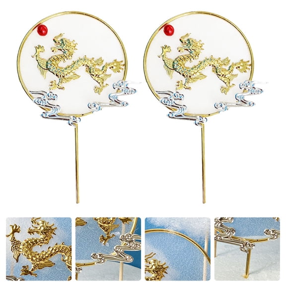 FRCOLOR 2PCS Dragon Cake Decorations Iron Art Cake Picks Golden For Theme Party