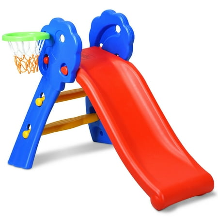 Gymax 2 Step Children Folding Slide w/ Basketball Hoop For Kids Indoor &