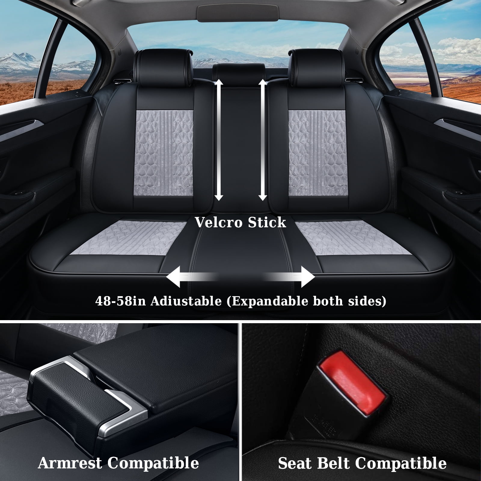 Coverado Full Set Car Seat Covers, Front and Back Seat Protectors, Faux Leather & Flannel Fashion Auto Accessories, Universal Fit Most Cars, SUVs Pickup Trucks, Black&Gray