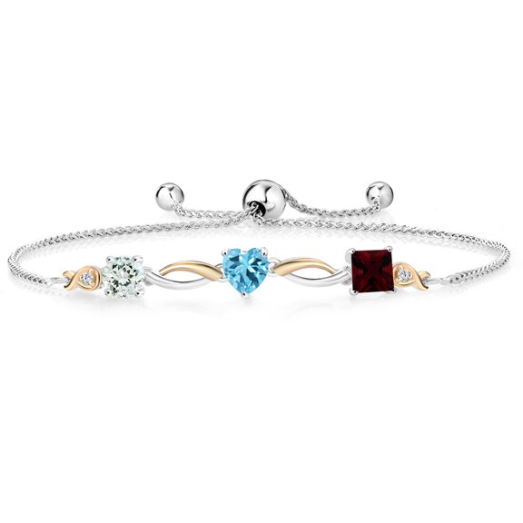 Gem Stone King 925 Silver and 10K Yellow Gold Sky Blue Aquamarine Swiss Blue Topaz Red Garnet and Lab Grown Diamond Tennis Bracelet for Women By Keren Hanan (2.37 cttw, Adjustable up To 9 inch)