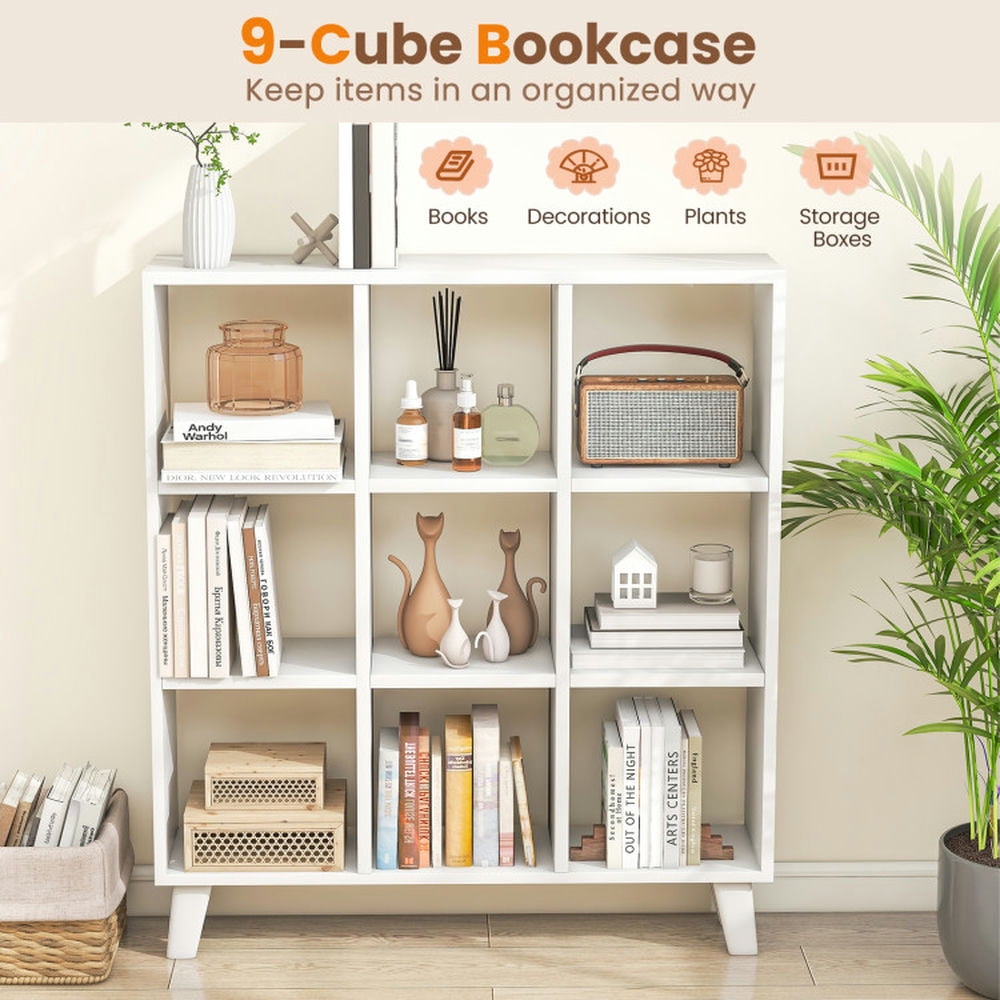YYAo Bookcase Shelf, Bookshelf, Book Storage Rack, 9-Cube Bookcase with 6 Removable Shelves and Raised Support Feet-White
