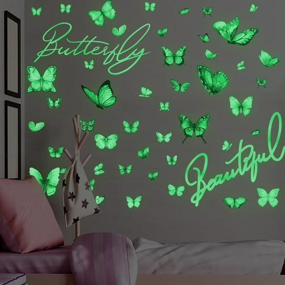 Butterfly Luminous Wall Stickers Butterflies Glow in The Dark Wall Decal Luminous Fluorescent Stickers Glowing Wall Sticker for Nursery Girl's Bedroom Ceiling Wall Art 31x26cm 4PCS Colorful