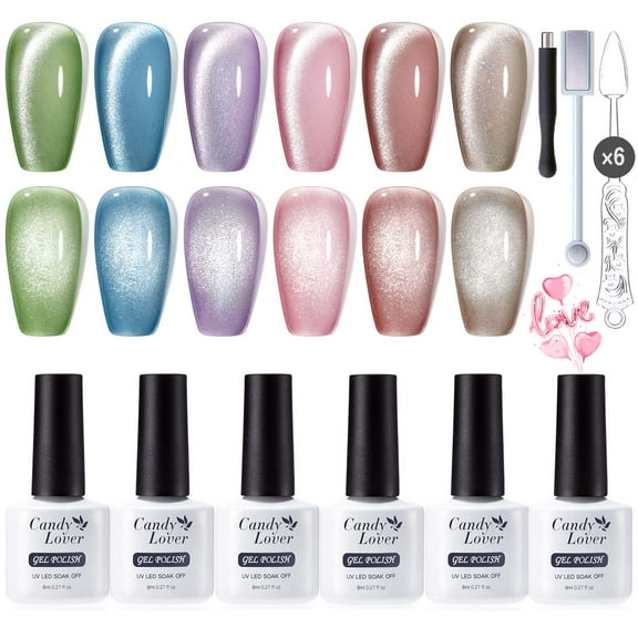 Candy Lover Cat Eye Gel Nail Polish Kit, 6 Macaron Colors Holographic Glitter Gel Polish with 2 Magnets, Soak Off UV LED Nail Polish, Manicure Gift Set for Women
