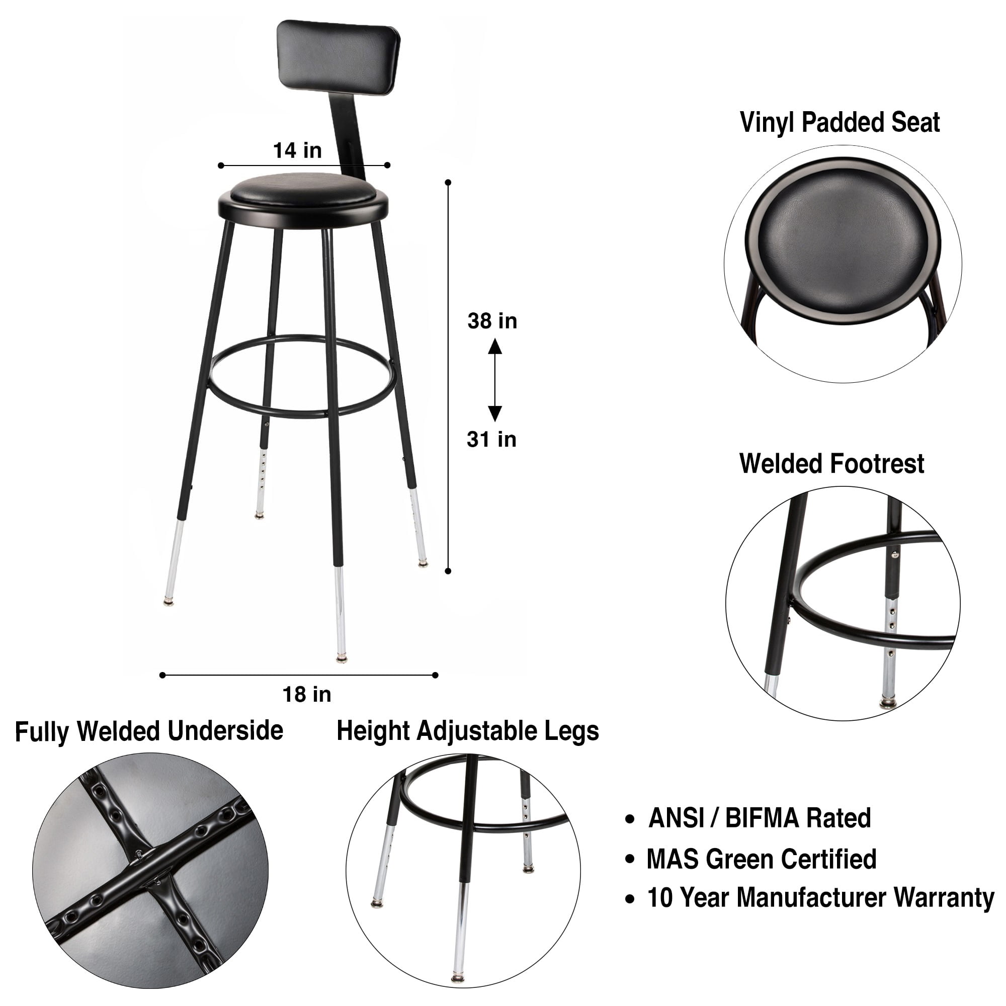 Hampden Furnishings Otto 32"-39"Adjustable Vinyl Padded Stool with Backrest, Black, 2 Pack