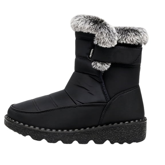 R-776 Black Ladies Round Toe Snow Boots Mid Heel Waterproof Warm Fleece Lined Winter Casual Womens Comfortable Short