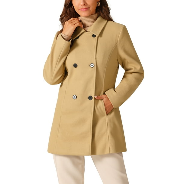 Abrigo de invierno de mujer con mangas largas, peacoat, de doble botonadura, color caqui, talla S