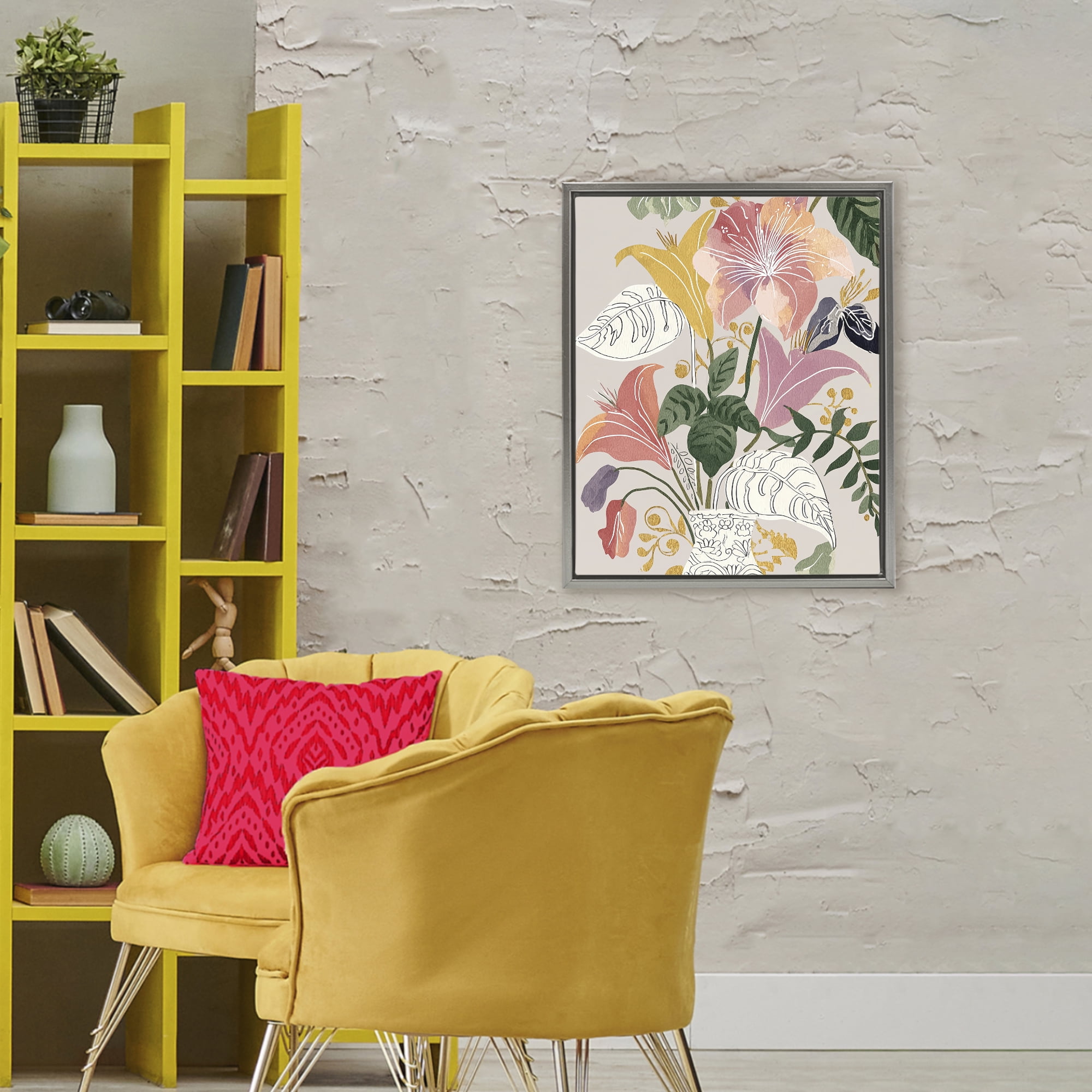 Playful Flower Bouquet Gray Framed Floater Canvas Wall Art, design by Annabelle Hall