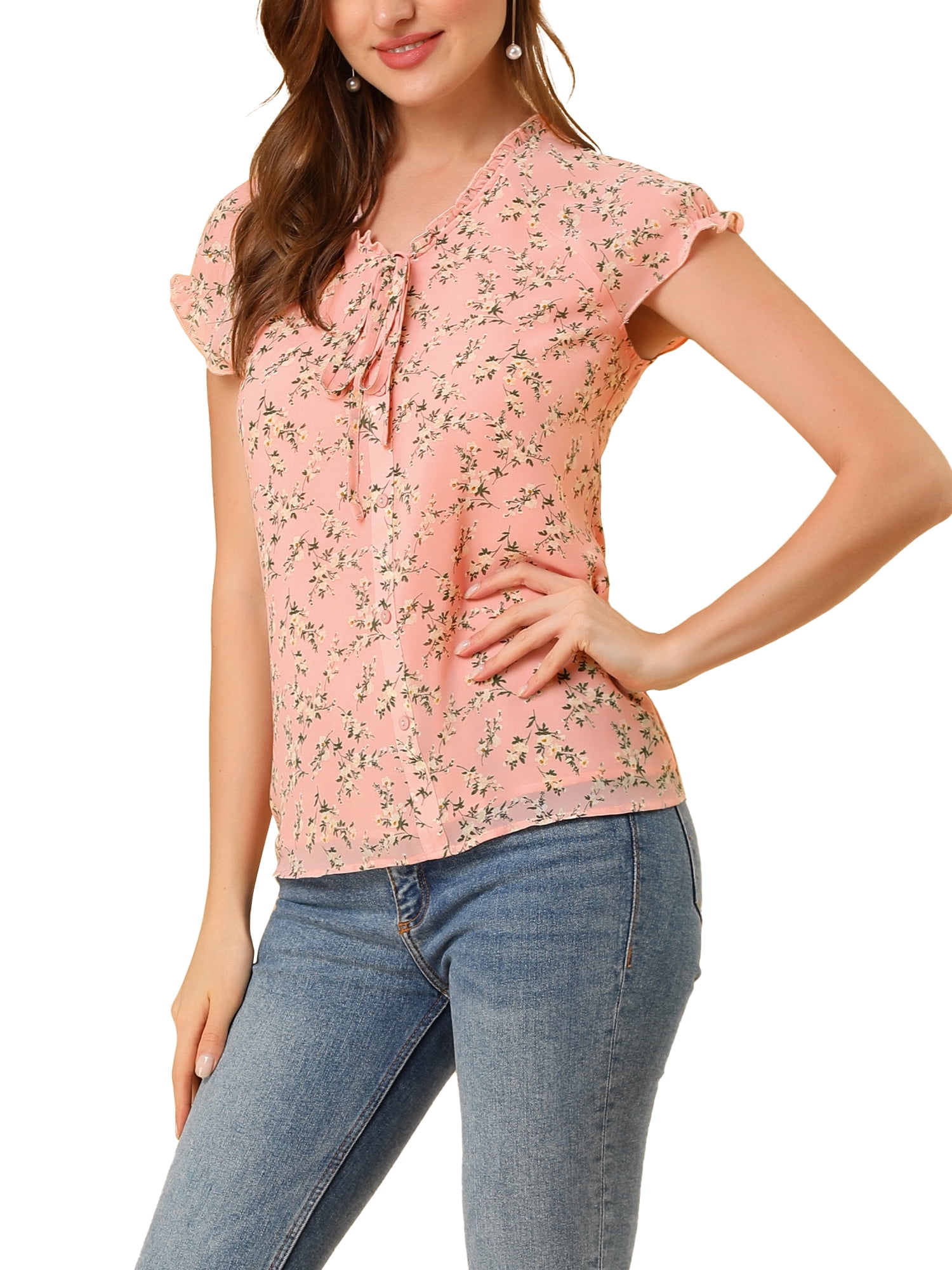 DARING DIVA Women's Ruffle V Neck Cap Sleeve Chiffon Floral Blouse Top XL Dark Pink