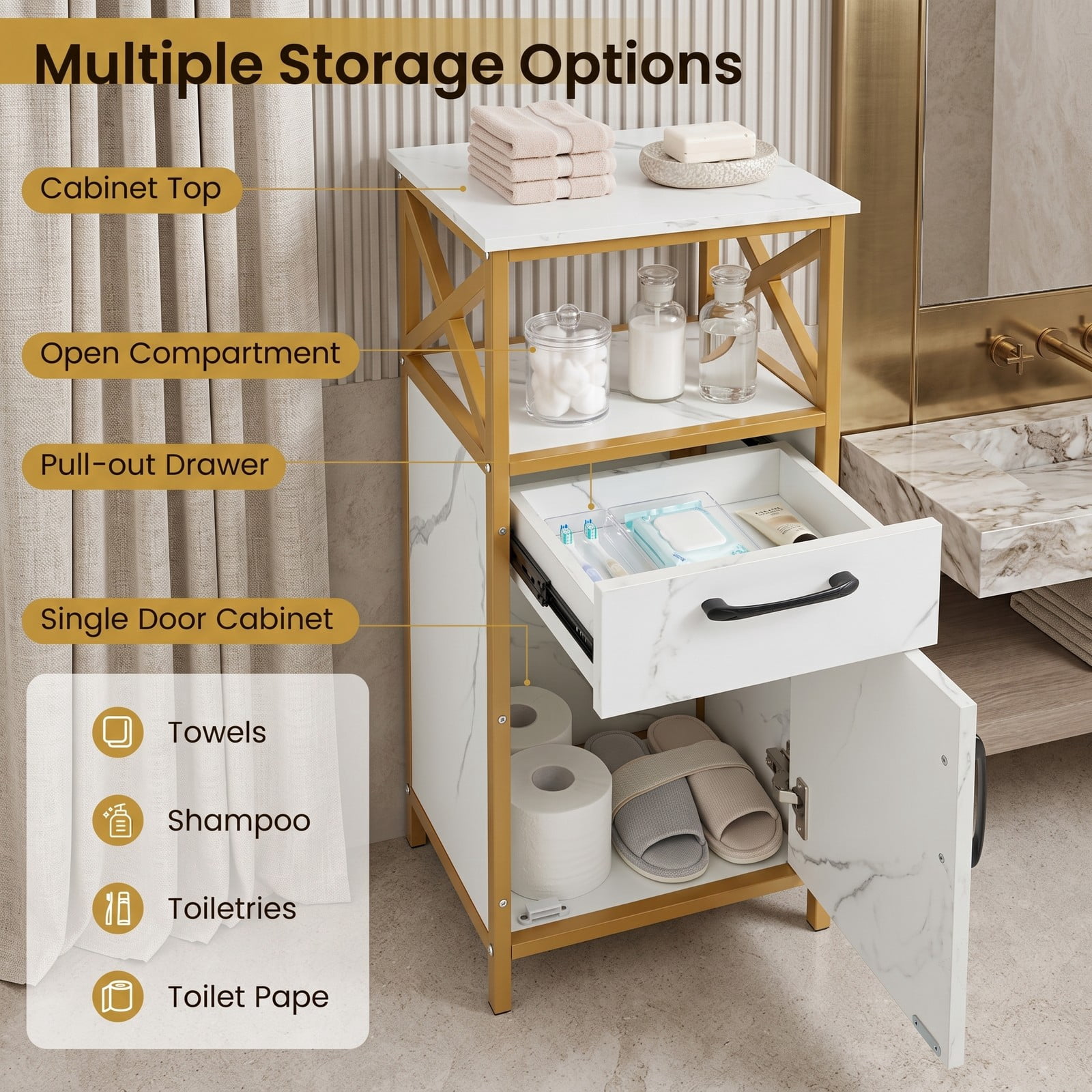 ALPULON Bathroom Storage Cabinet with Drawer, Freestanding Floor Cabinet with Single Door and Open Shelf, Faux Marble Storage Organizer with Golden Metal Frame, White