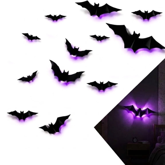 Halloween Bats Wall Decor, 3D Light Up Design with LED Lights, Damage-Free Adhesive, Halloween Decorations for Indoor Outdoor Party