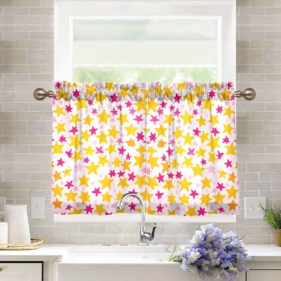 Yayeee Kitchen Curtains Tier Pair Light Filtering 27"x36" Rod Pocket Short Cafe Window Panel, Light Pink Stars