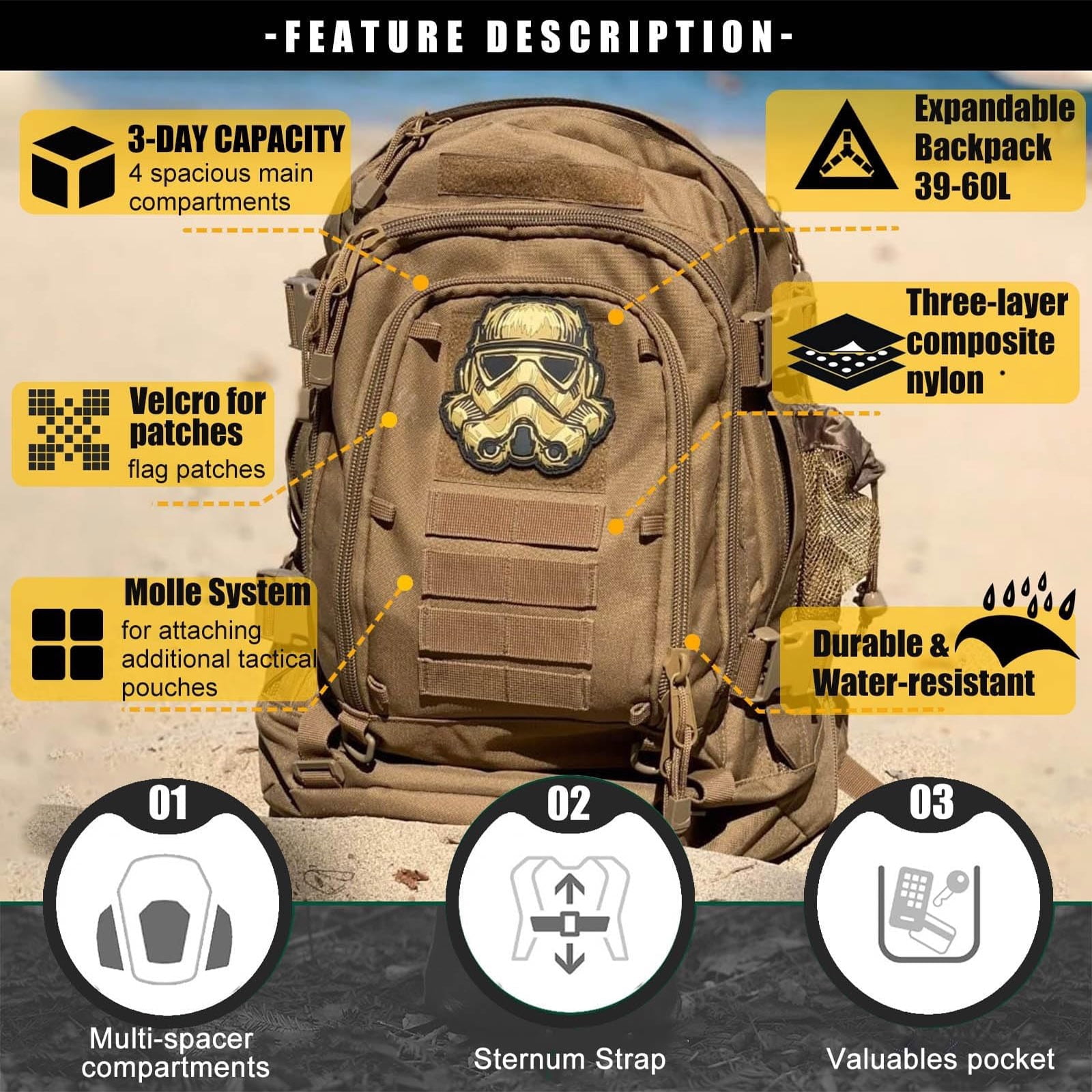 WolfWarriorX Water-Resistant 40 L Backpacking Backpacks, Beige