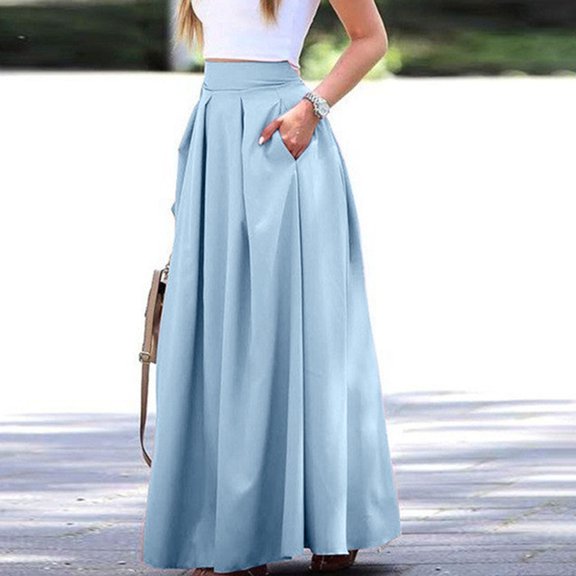 Womens Skirts Large Solid Color Pocket High Waist Ol Half Pleated Skirt Daily-Wear