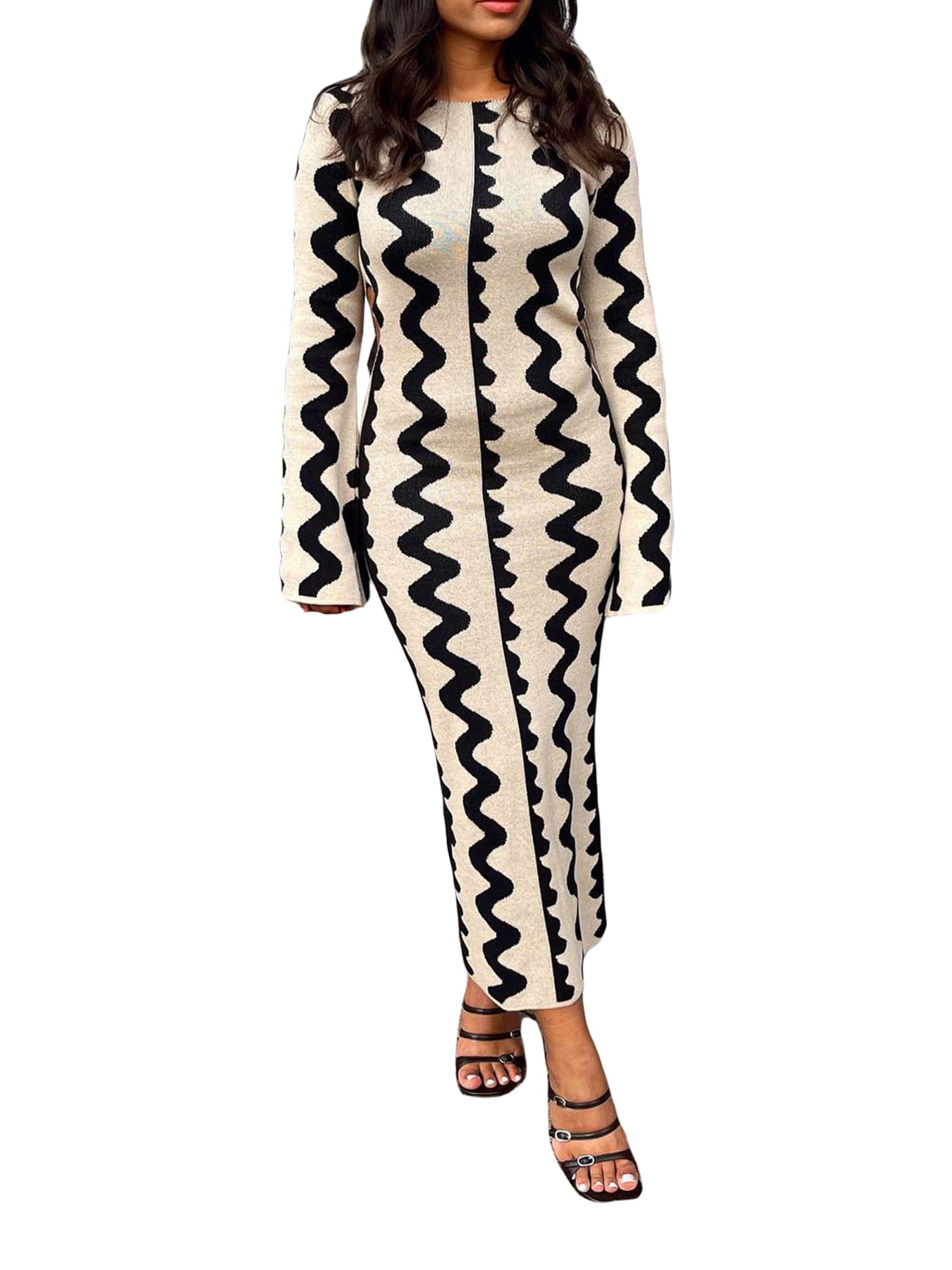 TheFound Women's Casual Wave Pattern Knit Dress Elegant Cutout Long