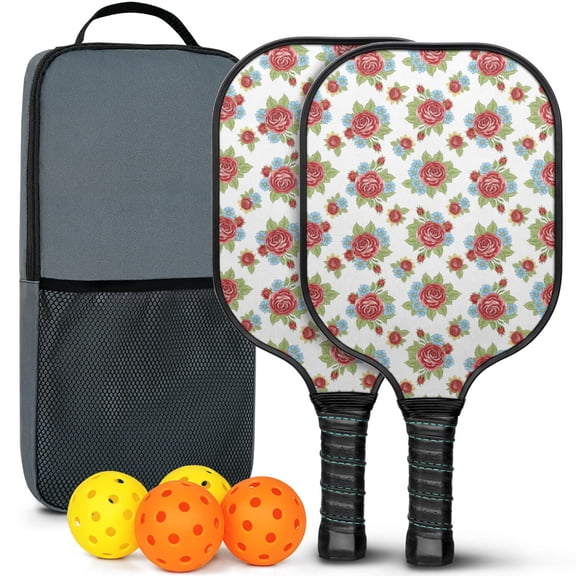 Pickleball Paddles Set,Pioneer Flower Floral Print Pattern Fiberglass Surface Pickleball Racket Set with 2 Indoor Outdoor Pickleball Balls and Pickleball Bag,Pickle-ball Equipment
