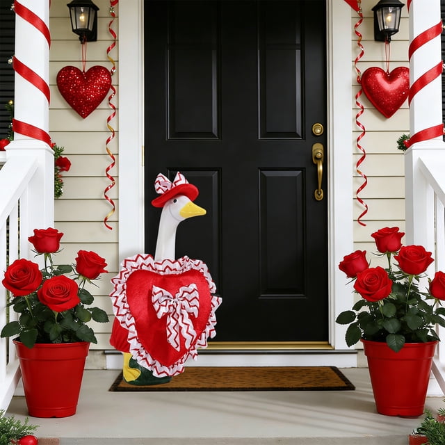 Disfraz de ganso para San Valentín para gansos de jardín de 58 cm | Decoración de poliéster rosa y rojo | Decoración navideña de una pieza para porche y jardín