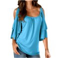 thumbnail image 2 of Pincandy Women's Summer Printing Strappy Cold Shoulder T-Shirt Cold Shoulder Tops Summer Sexy Casual Short Sleeve Ruched Scoop Neck Banded Bottom Shirts Blouse,Sky Blue,2XL, 2 of 5