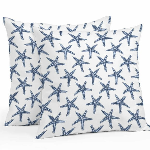 Outdoor Pillow Covers 26 x 26 Inches, Navy Blue Starflsh, Waterproof Throw Pillow Cover Set of 2, Summer Ocean Beach Sea Star White Decorative Square Cushion Covers for Patio/Tent/Couch/Garden