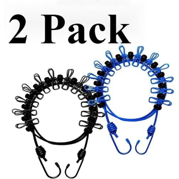 2 Pack Portable Clothesline with 12 Clothespins, Travel Clothesline Stretchy Retractable Elastic Laundry Clothes Line for Backyard, Vacation Hotel, Balcony Clothes Drying Line (Black Blue)