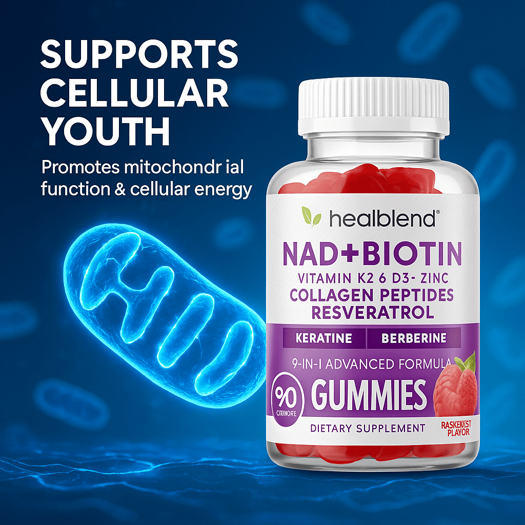 Healblend NAD+ Biotin Gummies – Collagen Peptides, Resveratrol, Keratin & Berberine – Anti-Aging Hair, Skin & Nail Support – Vitamin K2 & D3, Zinc – Raspberry Flavor – 60 Gummies
