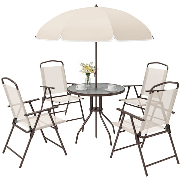 6-Piece Patio Dining Set for 4 with Umbrella, Round Glass Table & Folding Chairs, Beige
