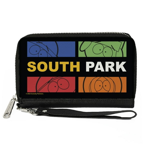 Comedy Central Wallet, Zip Around, South Park Boys Face Blocks and Text Black Multi Color, Vegan Leather