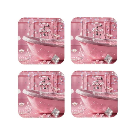 

Leather Coasters Set of 4 - Glittering Pink Bathtub Lightweight Non-Slip Drink Coasters for Desk Anti-Scalding Desk Cup Coasters for Office Table Decor Square