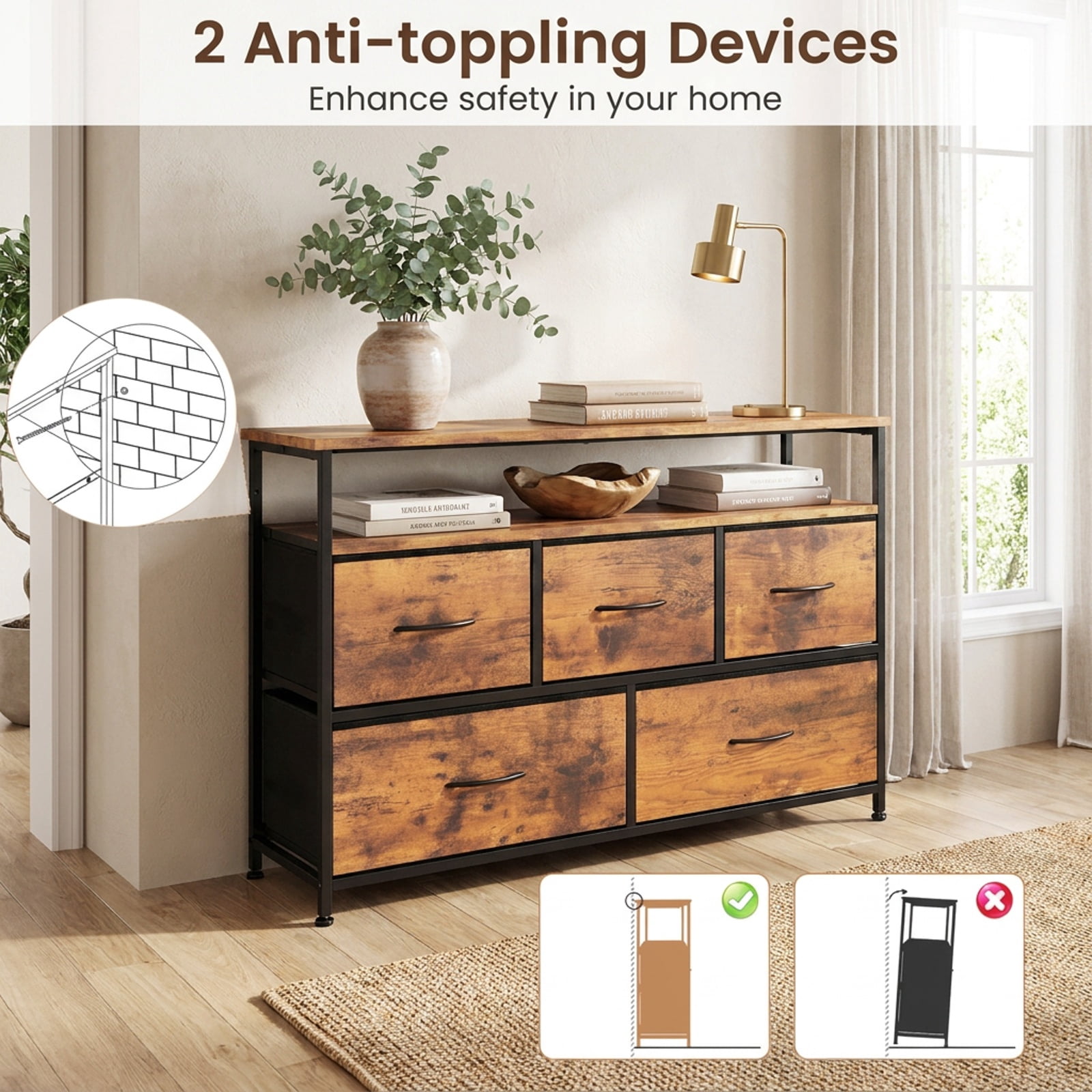 Furnibear TV Stand Dresser Entertainment Center for 45 Inch TV with 5 Fabric Drawers and Open Storage Shelf for Living Room Bedroom, Brown