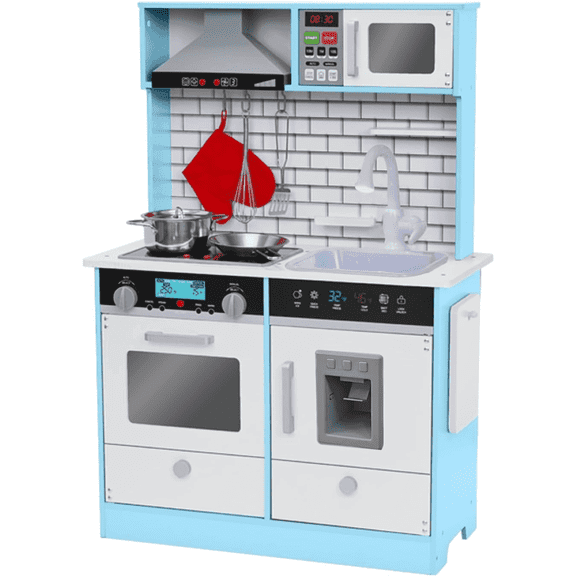 Lil' Jumbl Small Kids Kitchen Playset, Pretend Kids Wooden Kitchen with Stovetop, Oven & More - Blue