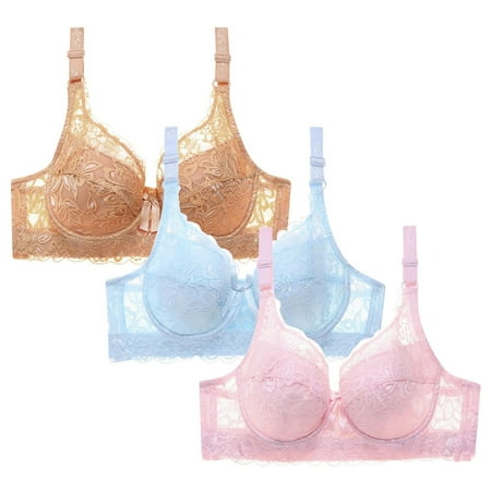 WREESH Womens 3 Pack Lace Bralette Soft Padded Push Up Bras Adjustable Strap Wireless Plunge Bra Comfortable Everyday Bra Underwear Khaki