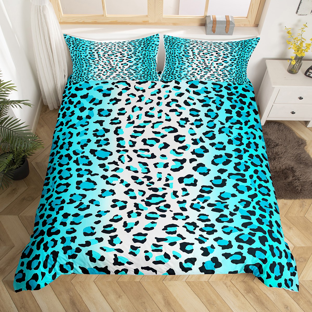 YST Cheetah Print Duvet Cover Queen Blue Black Leopard Bedding Set for