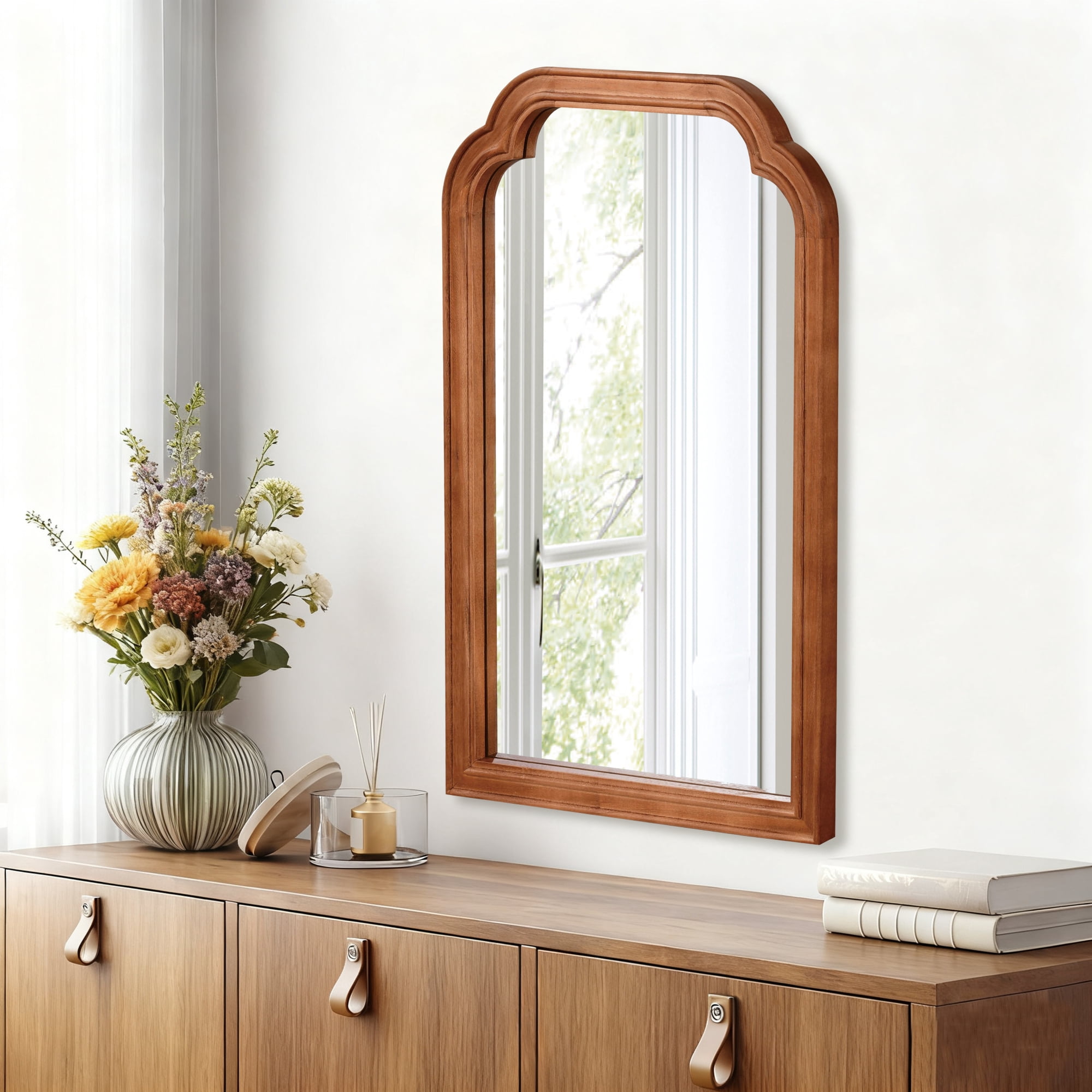 Leumius 20"x 30" Rounded Corner Mirror, Solid Wood Frame Decorative Mirror for Bedroom Bathroom Living Room Entryway Brown