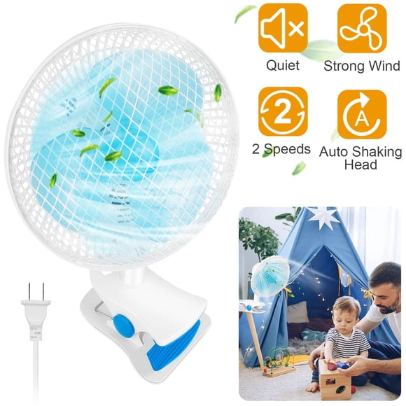 GPCT Clip On Fan 2 Speeds Quiet Clamp Fan Adjustable Tilt Auto Shaking Fan Wall Mount Personal Fan for Desk Office Home Baby Strollers Table Tops With 3.94FT Cord