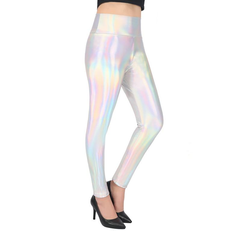 HDE Women's Shiny Holographic Leggings Liquid Metallic Pants Iridescent  Tights (Holographic, X-Large)
