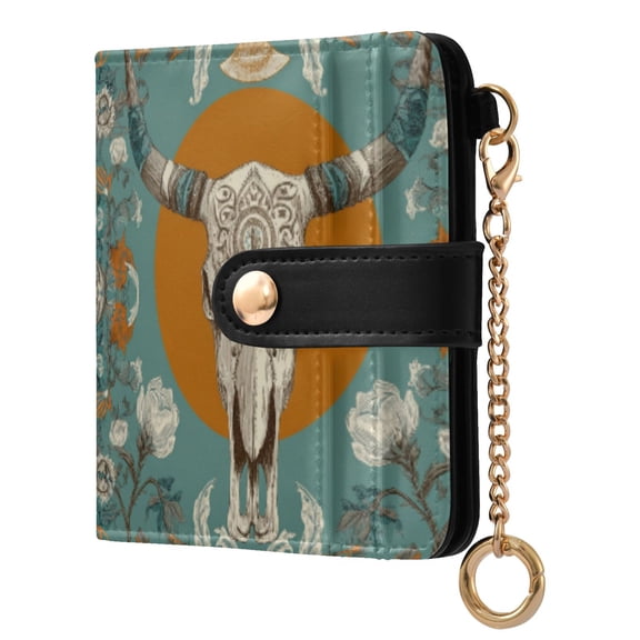 Womens Wallet PU Leather Bifold Small Purse with RFID Blocking Credit Card Holder Cow Sakull and Moon Pattern